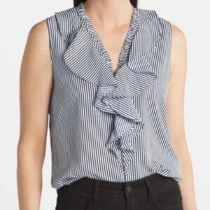 Karl Lagerfeld Blue and White Striped Women's Top Sleeveless Size Small Ruffle L
